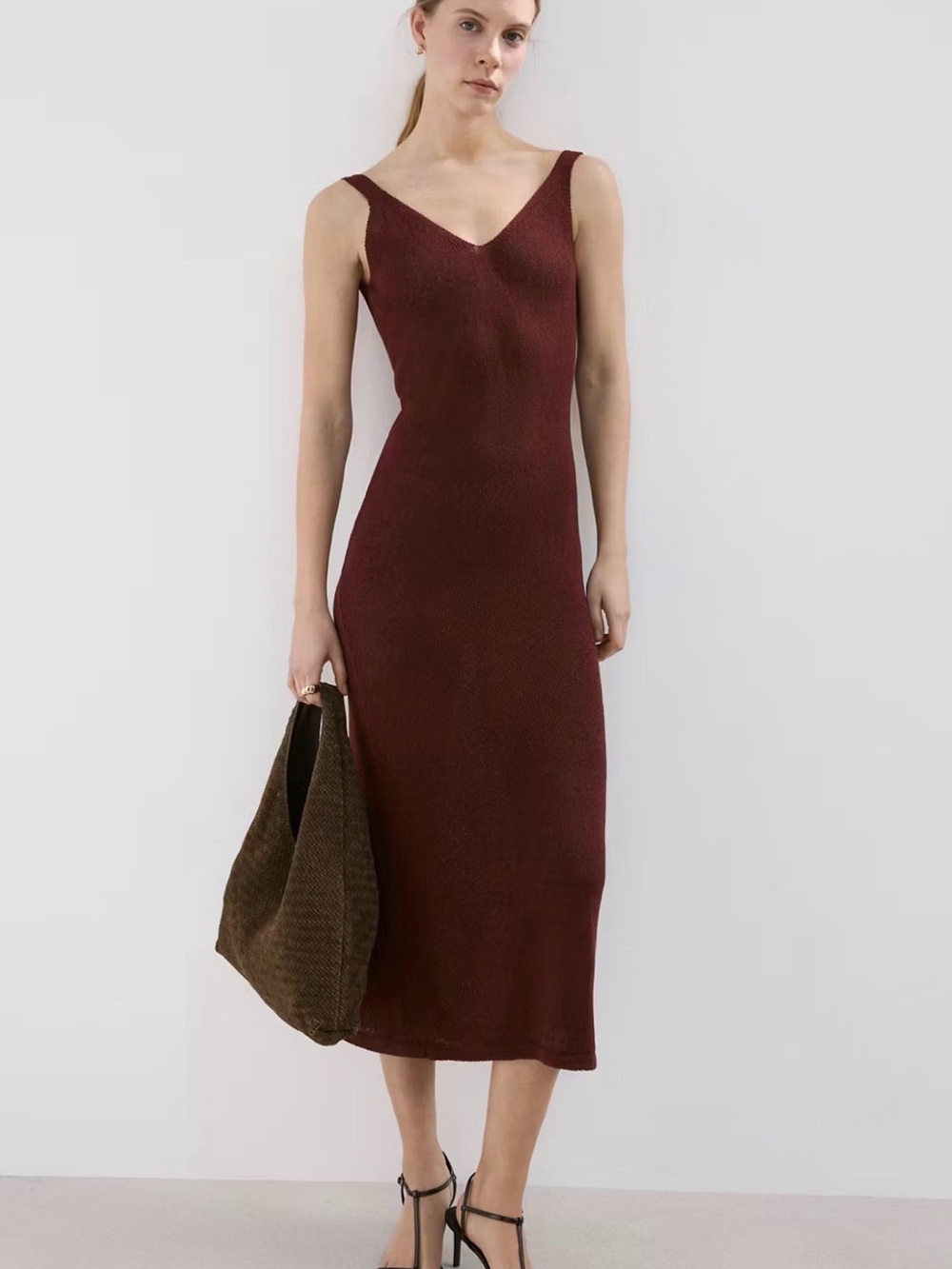 Mango Sleeveless V-Neck Midi Dress - Wine